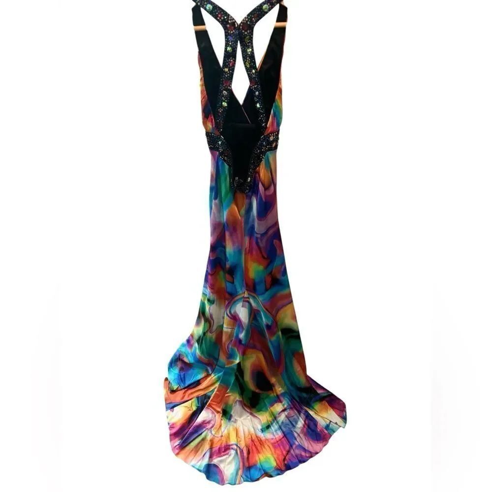 Vintage Caché Multicolor Rhinestone Embellished Open Back Maxi Dress Size - Picture 6 of 8